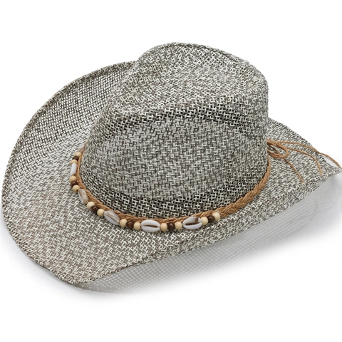 Western Strohhut Cowboyhut Für Herren Damen Sonnenschutz Strand Fedora Mit Muschel Holzperlen Böhmisch Gewebt Sommer Urlaub Accessoire
