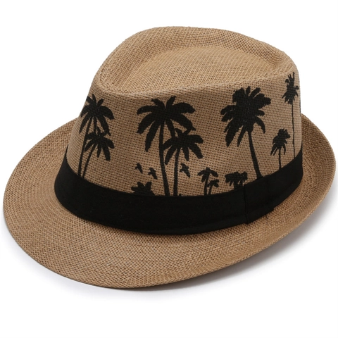 Cappello Fedora in Paglia con Motivo a Palma Uomo Estate Spiaggia Protezione Solare Cappello Jazz All'aperto Vacanza Accessorio Donna