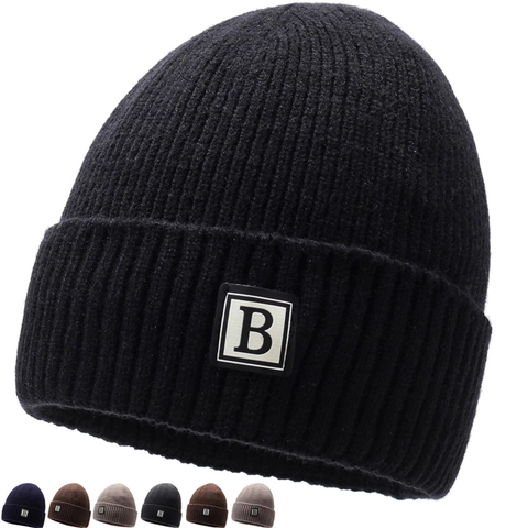 Heren Winter Warme Muts Met Letter B Patch Fleece Gevoerd Geribbelde Gebreide Omslagmuts Voor Buiten Skiën Sport Polyester Hoofddeksel