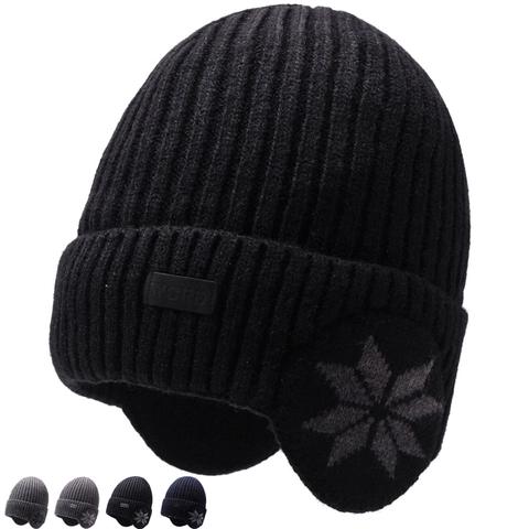 Heren Winter Gebreide Beanie Muts Met Fleece Voering Oorflappen Sneeuwvlok Patroon Outdoor Warm Winddicht Koudebestendig