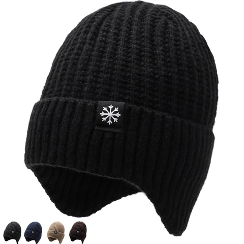 Heren Winter Thermische Gebreide Muts Fleece Gevoerd Oorbescherming Sneeuwvlok Patch Outdoor Winddichte Skimuts