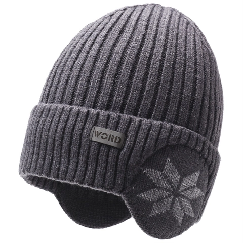 Heren Winter Gebreide Beanie Muts Met Fleece Voering Oorflappen Sneeuwvlok Patroon Outdoor Warm Winddicht Koudebestendig