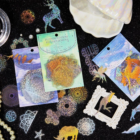 Vintage Holographic PET Sticker Pack Floral Butterfly Animal Laser Stamping Scrapbooking Material DIY Decorative Stickers