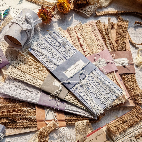 Vintage Lace Scrapbooking Material Pack Cotton Jute Paper Floral Journal Decor DIY Craft Handmade Ribbon Collage Accessory