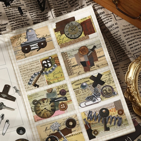 Ρετρό Αυτοκόλλητα Scrapbooking Σειρά Time Travel Vintage Σχέδια Κλειδί Κουμπί Για Journaling DIY Διακόσμηση Επιστρωμένο Χαρτί Σετ