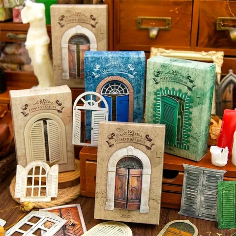 Retro Window Door Collage Cards 50Pcs Vintage Cardstock Hollow Scrapbooking Material For DIY Journaling Craft Decoration