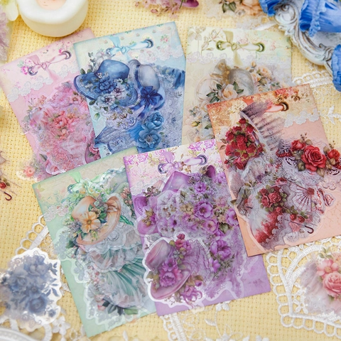Βίντατζ Λουλουδάτα Αυτοκόλλητα PET για Scrapbooking Καλλιτεχνικά Λουλούδια Δαντέλα Καπέλο Διακοσμητικά Αυτοκόλλητα για Journaling