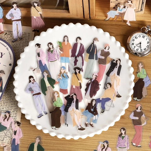 Ensemble d'Autocollants PET Personnages Féminins de Mode Décalcomanies Transparentes Étanche Pour Scrapbooking DIY Agenda Décor