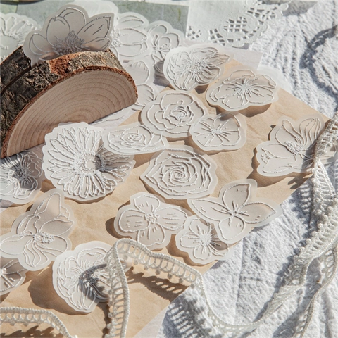 Vintage Vellum Paper 3D Foaming White Flower Stickers Retro Botanical Floral Decorative Material For Scrapbooking Journaling DIY Arts Crafts