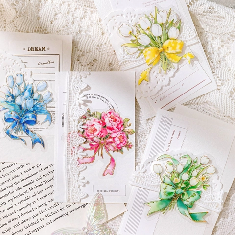 Pack Autocollants PET Fleurs Nœuds Vintage Dream Fabric Décoration Scrapbooking Marquage Laser Or Autocollants Floraux Papillon pour Bricolage Journal