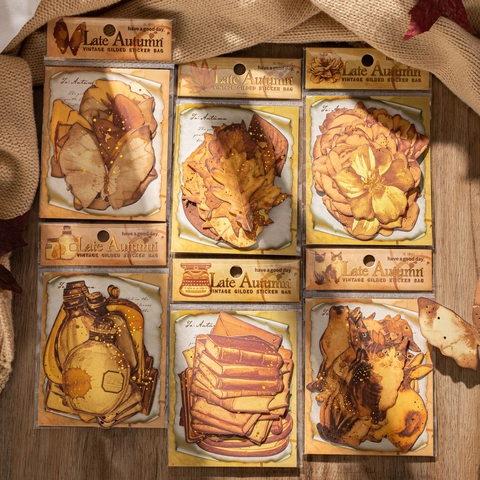 Vintage Gilded Scrapbooking Sticker Pack Late Autumn Series Coffee Stain Butterflies Leaves Hand Account DIY Decoration Stickers