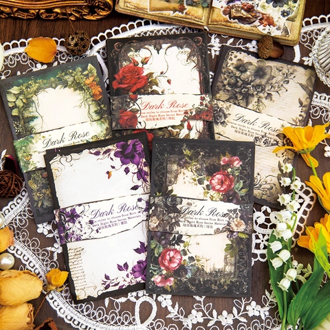Vintage Dark Rose Series Scrapbook Material Paper White Kraft Paper For DIY Journaling Decoration Floral Background Card