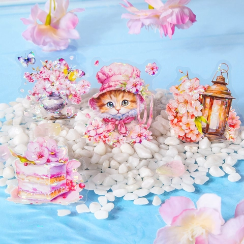 Romantic Cherry Blossom PET Stickers Shell Light Effect Iridescent Floral Cat DIY Scrapbooking Decorative Journal Decals