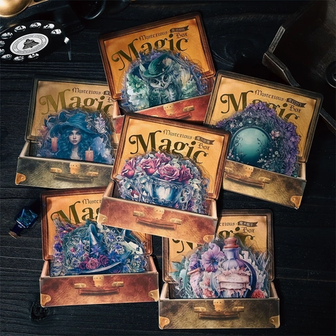Gothik Retro Magic Box PET Aufkleber Set Wasserdicht Eule Hexe Katze Rose Muster Scrapbooking Deko Aufkleber Für Journaling