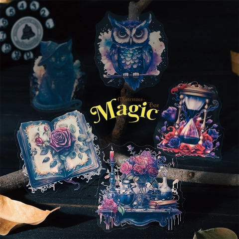 Gothik Retro Magic Box PET Aufkleber Set Wasserdicht Eule Hexe Katze Rose Muster Scrapbooking Deko Aufkleber Für Journaling