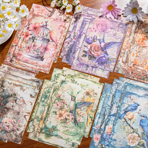 Papel de Material Vintage Forest Birds para DIY Scrapbooking Journaling Artesanía Papel Ligero Decorativo Diseño Floral Jaula