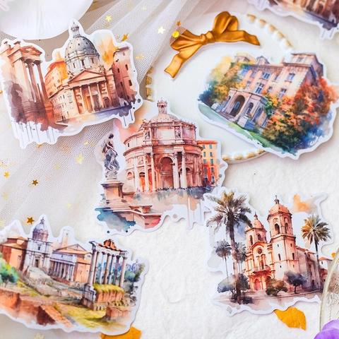 Calcomanías de Papel Washi Vintage Acuarela Arquitectura Castillo Material Decorativo Para Scrapbooking DIY Diario Arte Artesanía