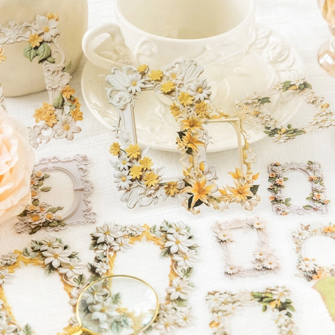 Paquete de Pegatinas de PET Serie Flower Frame Museum Bordes Florales Vintage Calcomanías Decorativas Para DIY Scrapbooking