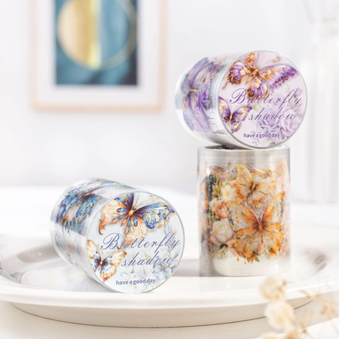 Butterfly Shadow PET Decorative Tape Dreamy Floral Die-Cut Sticker Tape For Scrapbooking Journal Decoration DIY Art Crafts