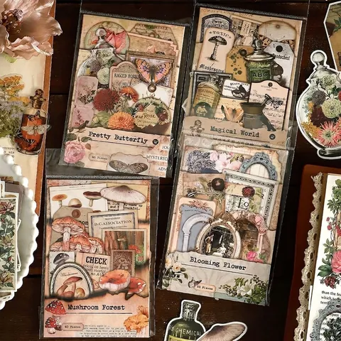 Pack d'Autocollants en Papier PET Vintage Botanique Papillon Champignon Pour DIY Scrapbooking Journal Stickers Esthétiques