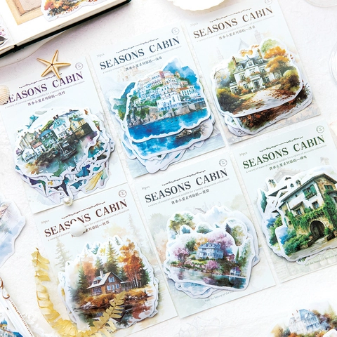 Série Seasons Cabin Autocollants en Papier Washi Aquarelle Paysages Peints à la Main Architecture pour Scrapbooking Journal Décoration DIY Style Rétro