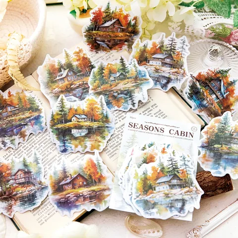 Série Seasons Cabin Autocollants en Papier Washi Aquarelle Paysages Peints à la Main Architecture pour Scrapbooking Journal Décoration DIY Style Rétro