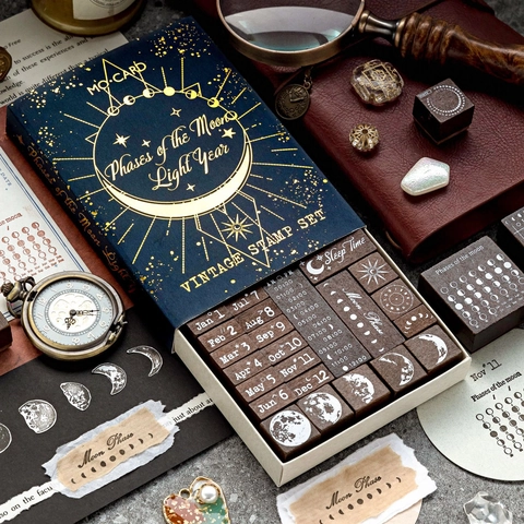 Vintage Holzstempel Set Mondphasen Lichtjahr Kalender Monat Woche Muster Für DIY Scrapbooking Journaling Kunsthandwerk Dekor