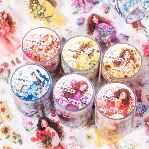 Serie Flower Island Girl Nastro Decorativo in PET Finitura Luce di Conchiglia Ragazza Floreale Nastro per Diario per Scrapbooking