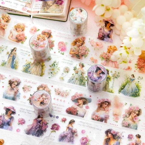 Vintage Viktorianisches Mädchen Blumen PET Klebeband Matt Gestanzt Scrapbooking Aufkleber Wasserdicht Dekorativ DIY Journaling Material