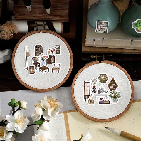 Retro Chinese Style Synthetic Paper Stickers For Scrapbook Journal Deco Classic Furniture Plants Patterns Decoration