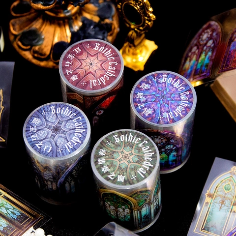 Gothic Cathedral Stained Glass PET Decorative Tape Retro Bronzing Architecture Scrapbooking Journal Material DIY Sticker