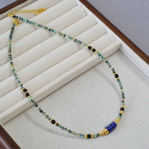 Collana di Perline Fatta a Mano Vintage Francese da Donna Pietra Naturale Lapislazzuli Turchese Africano Choker Geometrico