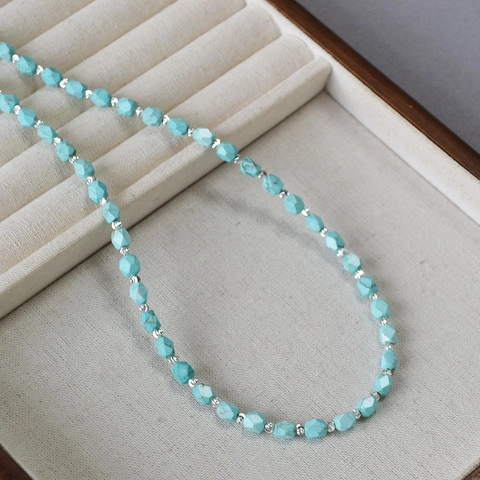 Collana Vintage in Magnesite con Perline Sfaccettate Turchese Boemia Catena da Clavicola con Distanziatori in Lega per Donna Gioielli