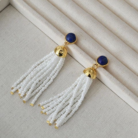 Vintage Lapis Lazuli White Artificial Pearl Tassel Drop Earrings For Women 925 Sterling Silver Post Brass Gold Plated Ethnic Beaded Long Earrings