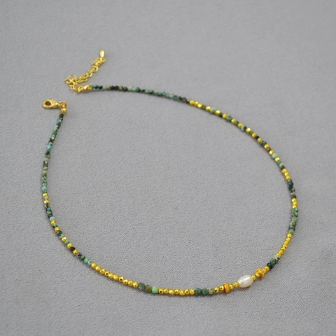 Collana di Perline Vintage in Turchese Africano e Perla d'Acqua Dolce da Donna Catena a Clavicola in Rame con Grani Dorati Gioielli