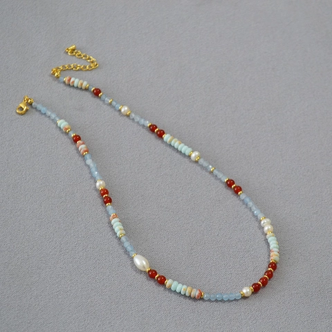 Vintage Handcrafted Beaded Necklace With Freshwater Pearl And Natural Stone For Women Multi Color Bohemian Jewelry Accessory