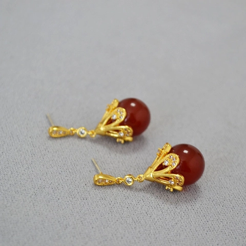 French Vintage Brass Gold Plated Zirconia Flower Red Agate Drop Earrings With 925 Sterling Silver Earring Post Elegant Women Jewelry