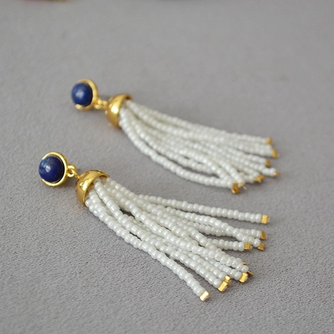 Vintage Lapis Lazuli White Artificial Pearl Tassel Drop Earrings For Women 925 Sterling Silver Post Brass Gold Plated Ethnic Beaded Long Earrings