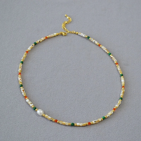 Collana di Perline di Perle d'Acqua Dolce Barocche Vintage Bohemian per Donna Conchiglia Multicolore Malachite Sintetica