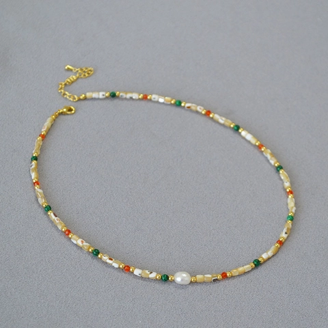 Collana di Perline di Perle d'Acqua Dolce Barocche Vintage Bohemian per Donna Conchiglia Multicolore Malachite Sintetica