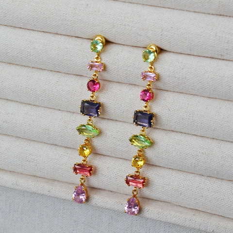 Sweet Colorful Glass Geometric Long Drop Earrings For Women 925 Sterling Silver Post Copper Gold Plated Jewelry