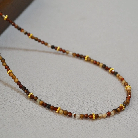 French Vintage Agate Beaded Necklace For Women Tuscany Coffee Color Faceted Stone Beads Handmade Neck Jewelry Retro Style