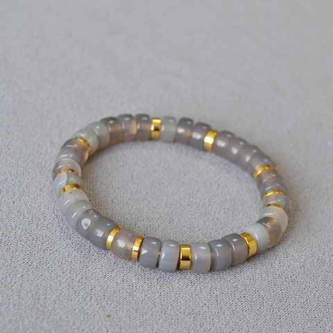 Bracciale Elastico in Pietra Naturale Retrò Grigio Agata Occhio di Tigre Perle di Cristallo Bianco Con Distanziatori Oro