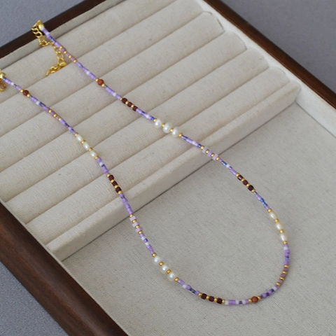 Handgefertigte Perlenkette Mit Süßwasserperle Lila Gold Violett Samenperlen Süß Elegant Choker Damen Schmuck