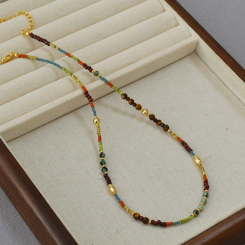 Französische Vintage Handgefertigte Perlenkette Für Damen Miyuki Glasperlen Natürliche Tigerauge Stein Vergoldete Kupfer Kette