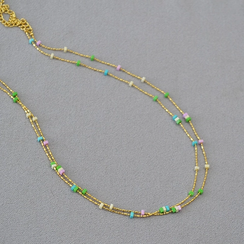 Summer Fresh Geometric Square Stone Copper Gold Plated Fine Chain Sweet Necklace Colorful Beads Clavicle Chain Jewelry For Women