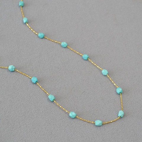 Vintage Bohemian Gold Plated Copper Beaded Necklace With Faux Turquoise Magnesite Faceted Pendant Clavicle Chain For Women