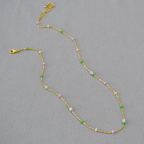 Summer Fresh Geometric Square Stone Copper Gold Plated Fine Chain Sweet Necklace Colorful Beads Clavicle Chain Jewelry For Women