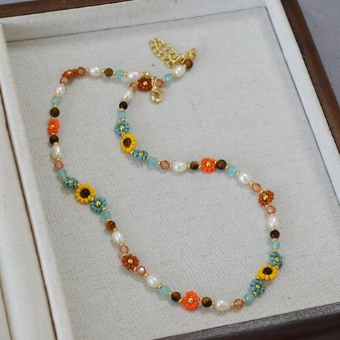 Handgefertigte Böhmische Süßwasserperle Perlen Sonnenblume Halskette Vintage Miyuki Glasperle Blume Anhänger Schmuck Für Damen