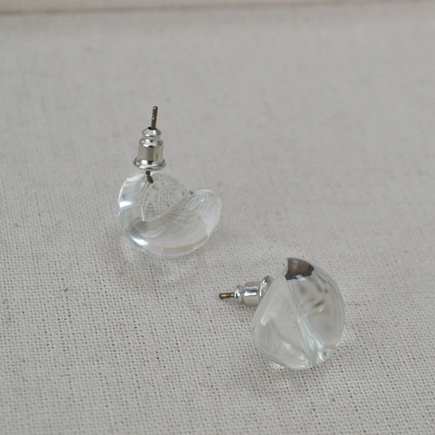 Handmade Transparent Lampwork Glass Stud Earrings Individual Minimalist Teardrop C-Shape Copper Post Daily Jewelry For Women